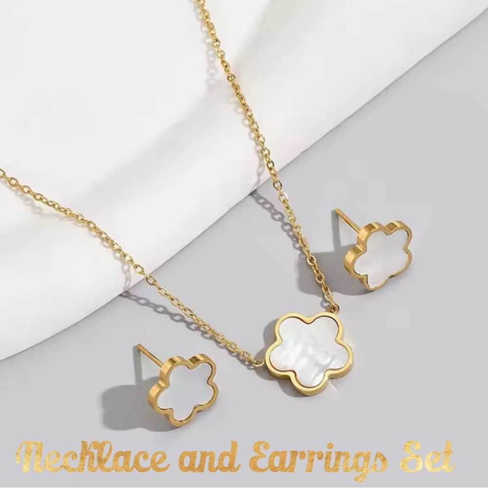 Gold and White Clover Flower Jewelry Set- Necklace and Post or Stud Earrings-New